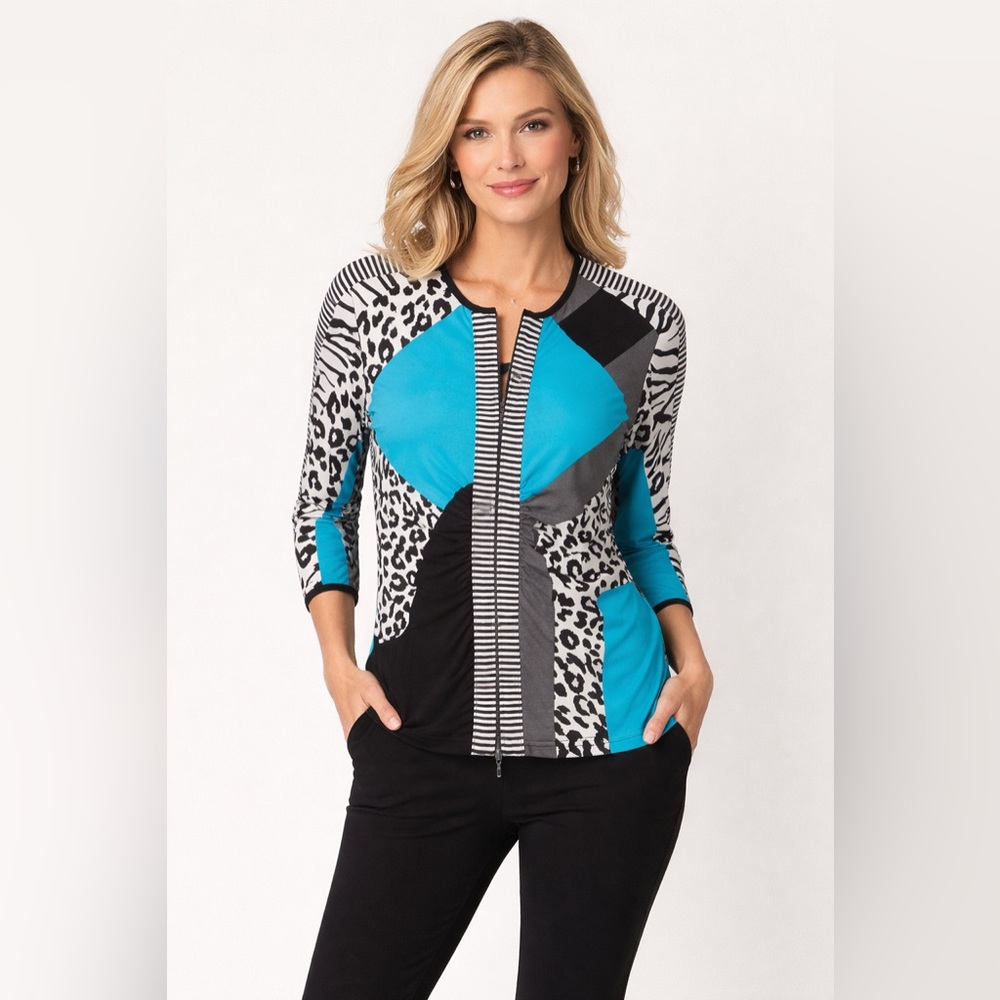 Joseph Ribkoff Black, Turquoise & White Patterned Zip-Front Top